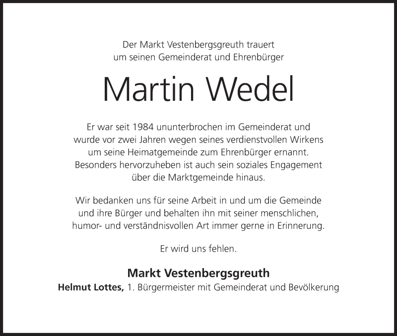  Traueranzeige für Martin Wedel vom 24.09.2016 aus MGO