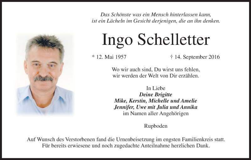  Traueranzeige für Ingo Schelletter vom 26.09.2016 aus MGO