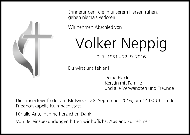  Traueranzeige für Volker Neppig vom 26.09.2016 aus MGO