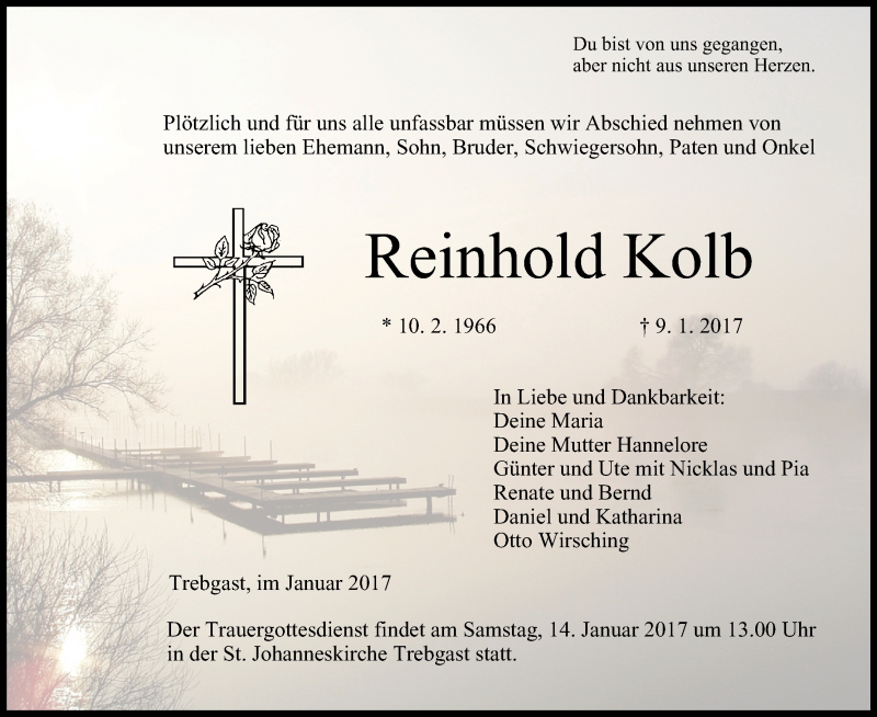  Traueranzeige für Reinhold Kolb vom 12.01.2017 aus MGO
