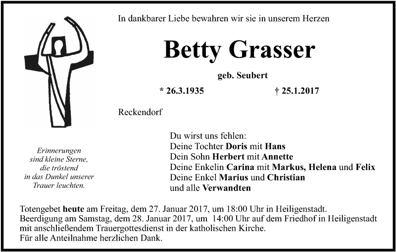 Betty Grasser Traueranzeige Trauer InFranken De