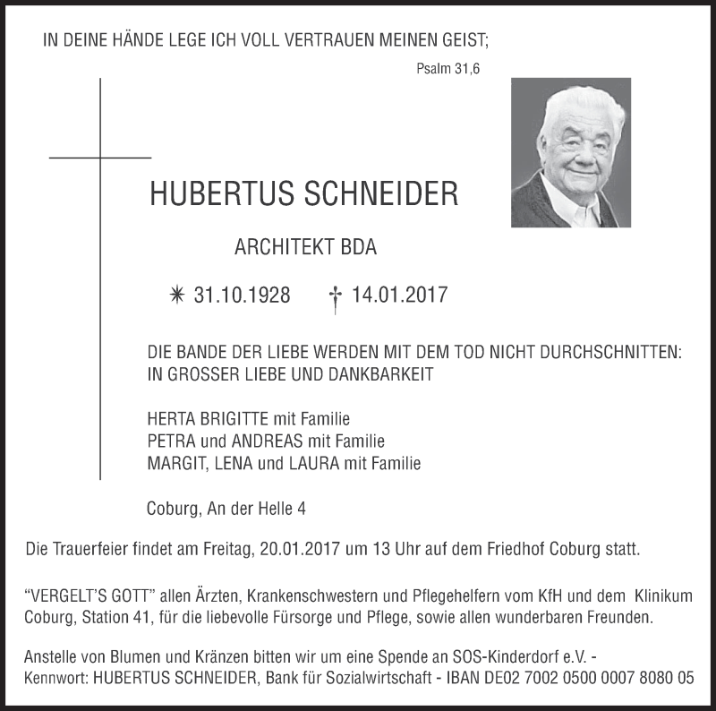 Traueranzeige für Hubertus Schneider vom 17.01.2017 aus MGO