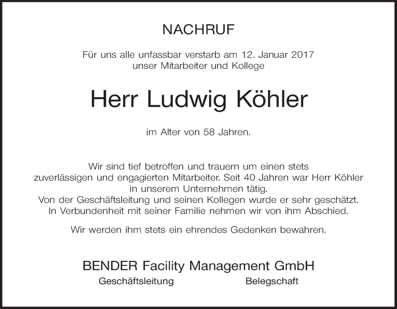  Traueranzeige für Ludwig Köhler vom 18.01.2017 aus MGO