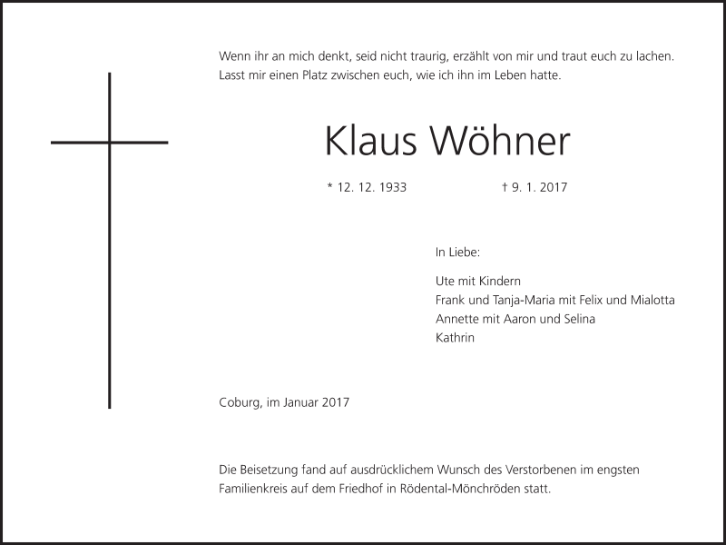  Traueranzeige für Klaus Wöhner vom 14.01.2017 aus MGO