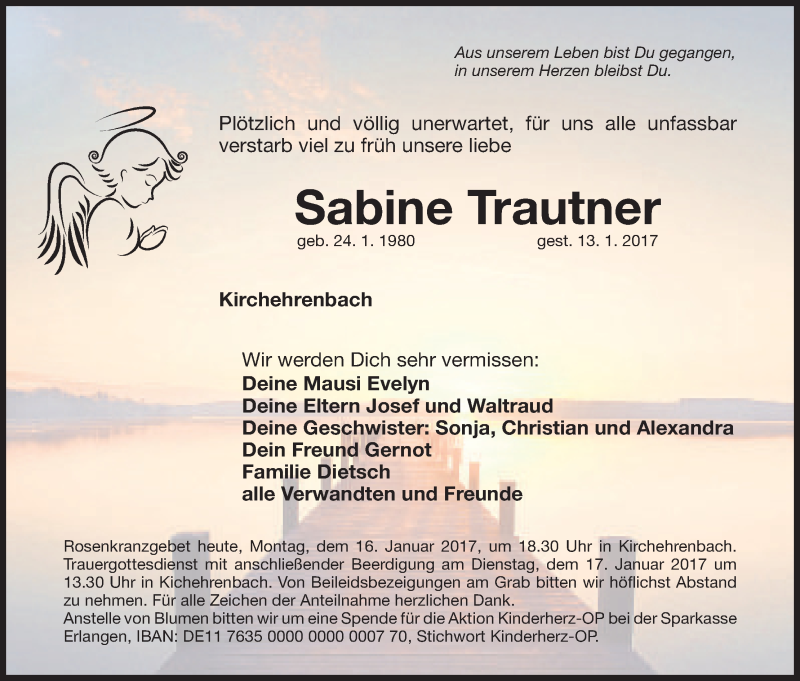  Traueranzeige für Sabine Trautner vom 16.01.2017 aus MGO