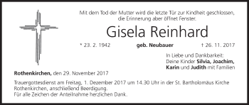 Gisela Reinhard Traueranzeige Trauer Infranken De