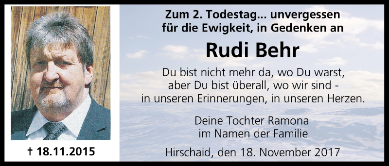  Traueranzeige für Rudi Behr vom 18.11.2017 aus MGO