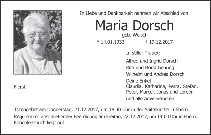 Maria Dorsch Traueranzeige Trauer Infranken De