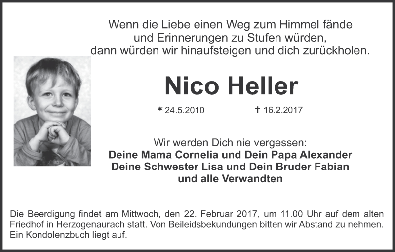  Traueranzeige für Nico Heller vom 18.02.2017 aus MGO
