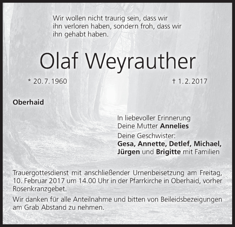  Traueranzeige für Olaf Weyrauther vom 08.02.2017 aus MGO