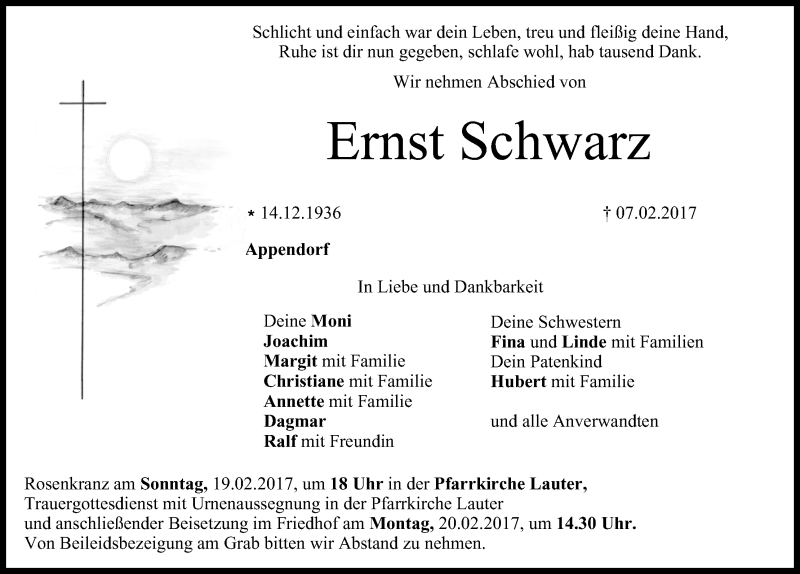  Traueranzeige für Ernst Schwarz vom 17.02.2017 aus MGO