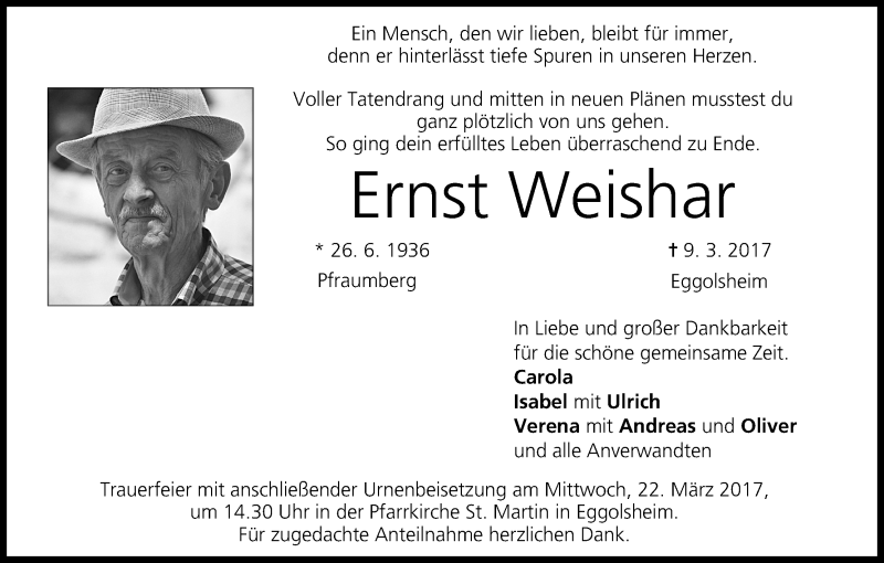  Traueranzeige für Ernst Weishar vom 18.03.2017 aus MGO