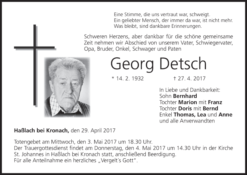 Georg Detsch Traueranzeige Trauer Infranken De