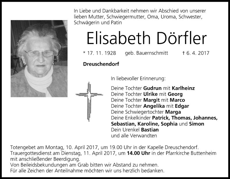 Elisabeth Dörfler Traueranzeige trauer inFranken de