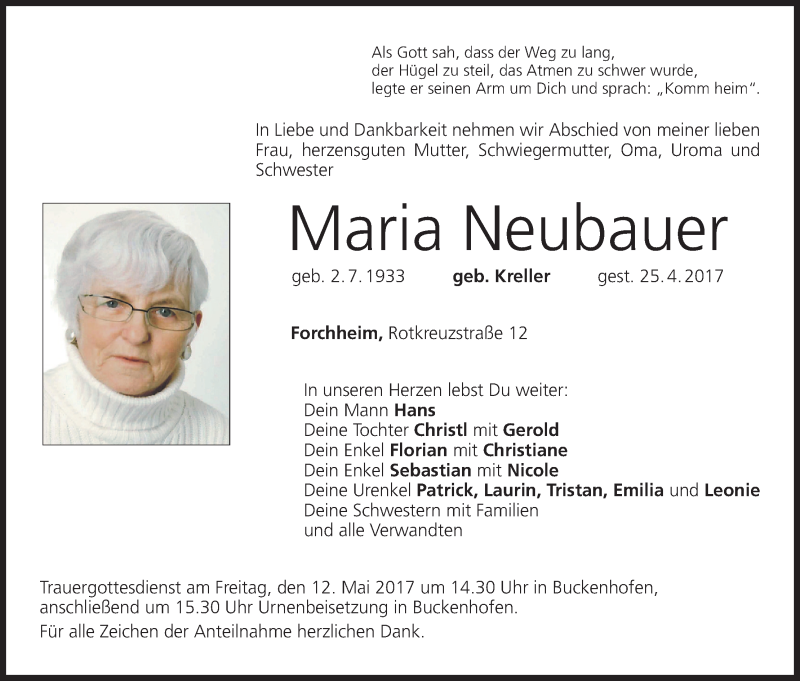 Maria Neubauer Traueranzeige Trauer InFranken De