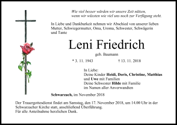 Leni Friedrich Traueranzeige Trauer InFranken De