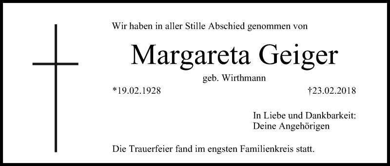 Margareta Geiger Traueranzeige Trauer Infranken De