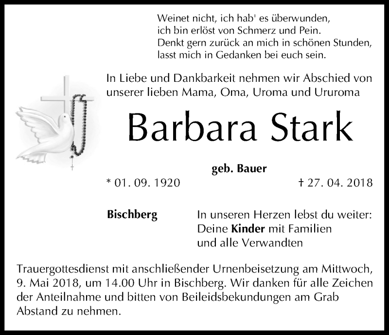 Barbara Stark Traueranzeige Trauer InFranken De