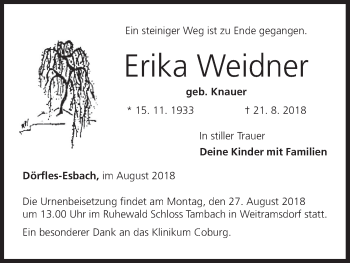 Erika Weidner Traueranzeige Trauer Infranken De