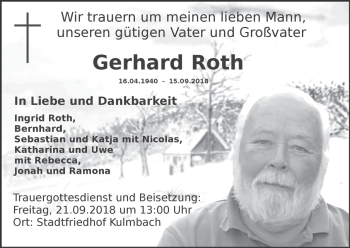 Gerhard Roth Traueranzeige Trauer InFranken De