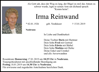 Irma Reinwand Traueranzeige Trauer Infranken De