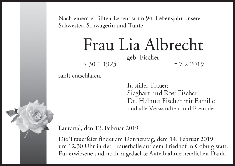 Lia Albrecht Traueranzeige Trauer InFranken De