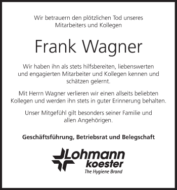 Frank Wagner Traueranzeige Trauer Infranken De