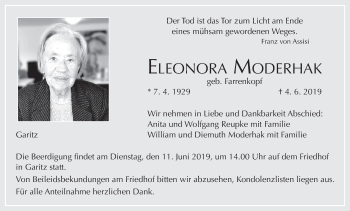 Eleonora Moderhak Traueranzeige Trauer Infranken De