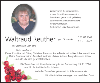 Waltraud Reuther Traueranzeige Trauer Infranken De