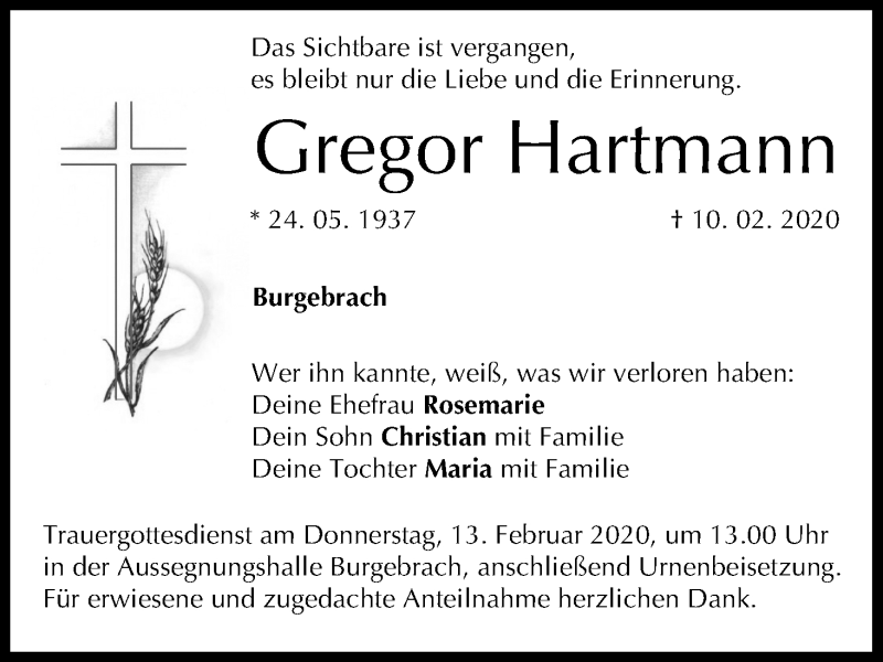 Gregor Hartmann Traueranzeige Trauer InFranken De