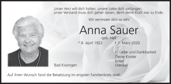 Anna Sauer Traueranzeige Trauer Infranken De