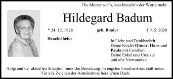 Anzeige von Hildegard Badum von MGO