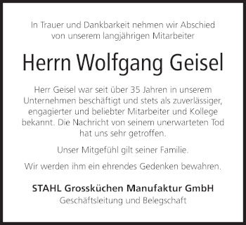 Anzeige von Wolfgang Geisel von MGO