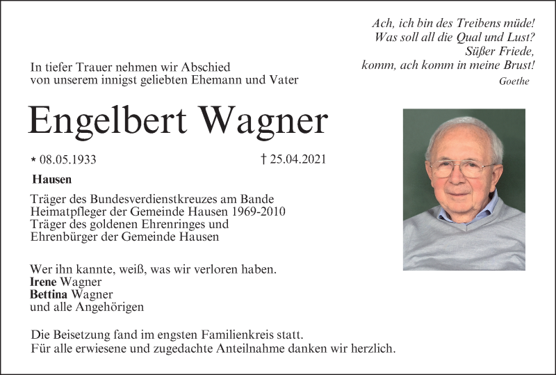 Engelbert Wagner Traueranzeige Trauer Infranken De