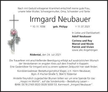 Irmgard Neubauer Traueranzeige Trauer InFranken De