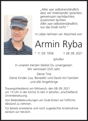 Armin Ryba Traueranzeige Trauer Infranken De