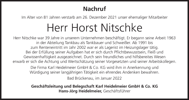 Horst Nitschke Traueranzeige Trauer Infranken De