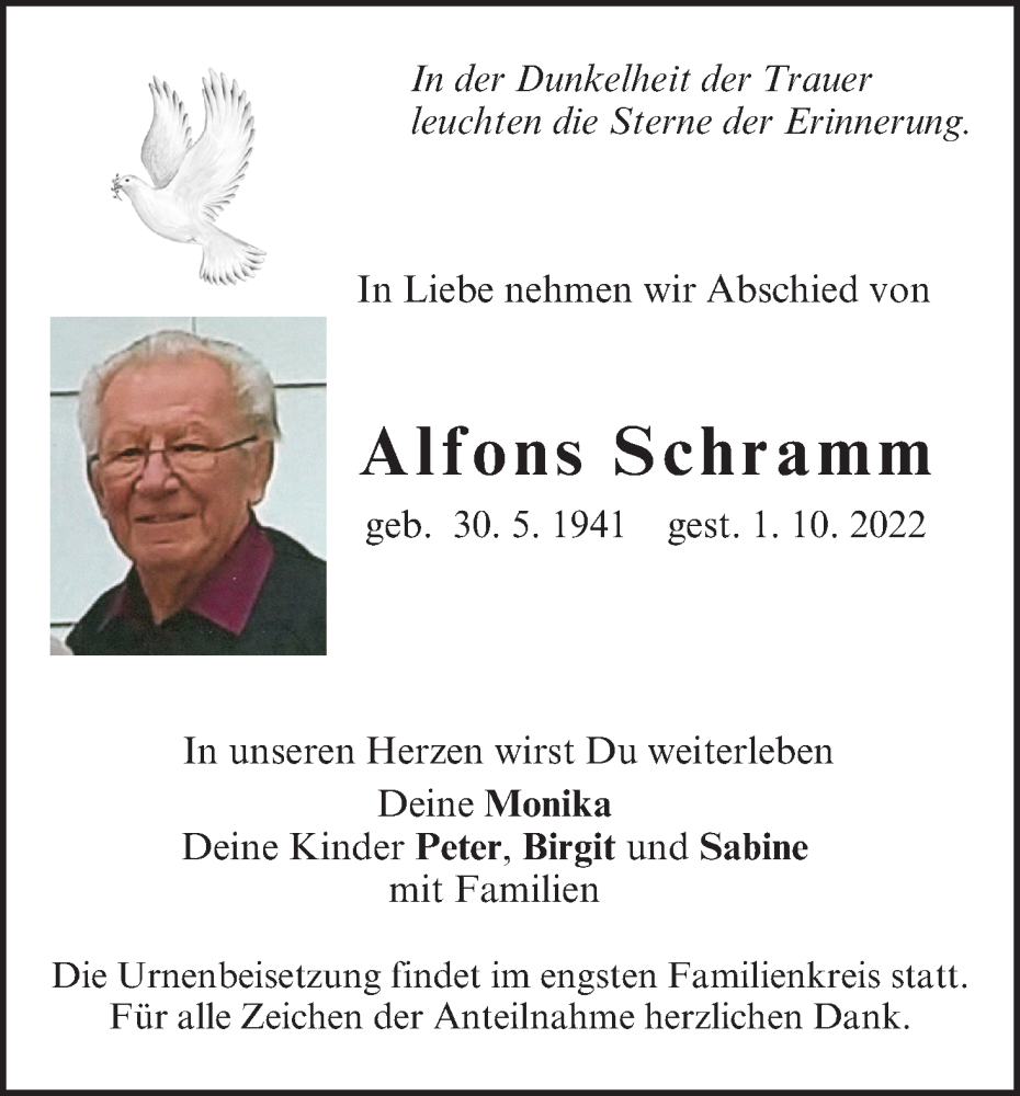 Alfons Schramm Traueranzeige Trauer InFranken De