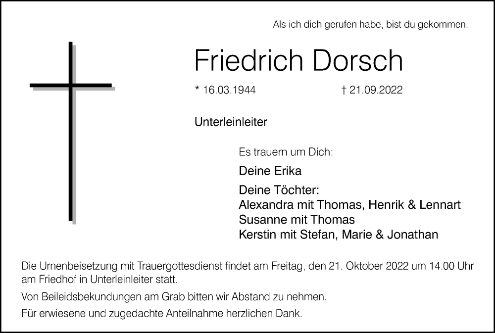 Friedrich Dorsch Traueranzeige Trauer InFranken De