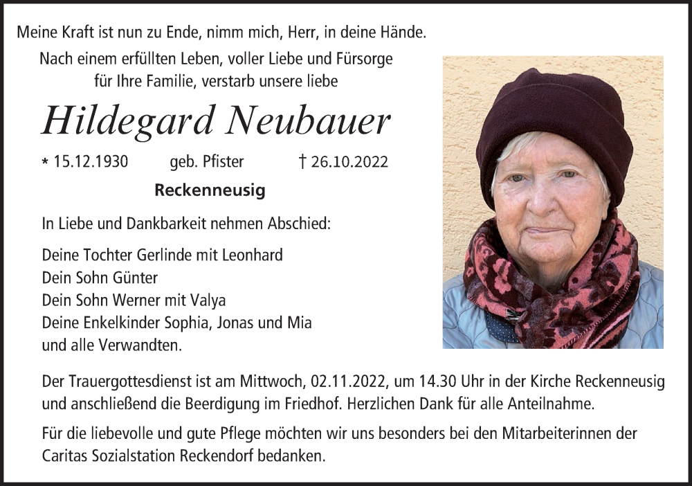 Hildegard Neubauer Traueranzeige Trauer InFranken De