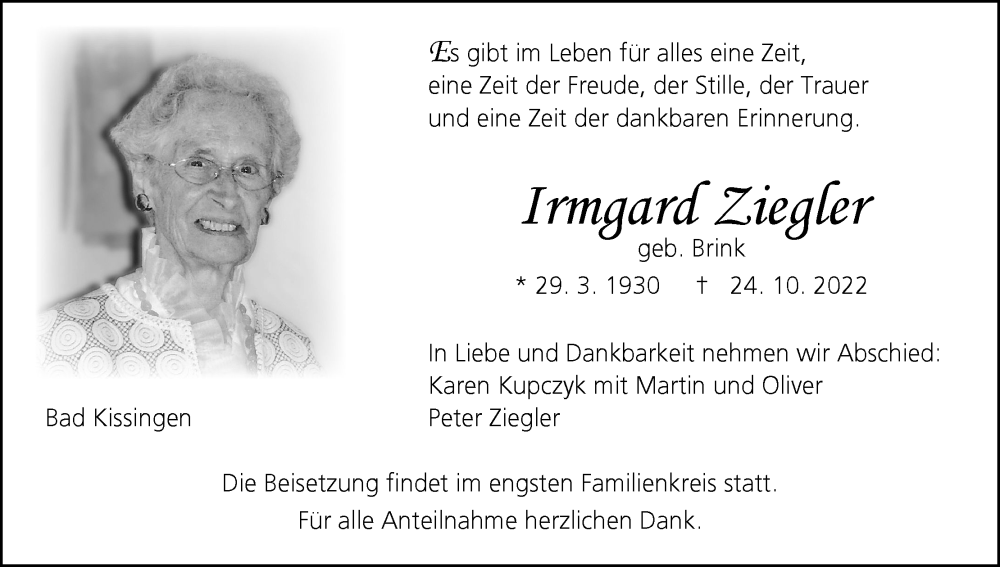 Irmgard Ziegler Traueranzeige Trauer Infranken De