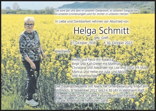 Helga Schmitt Traueranzeige Trauer Infranken De