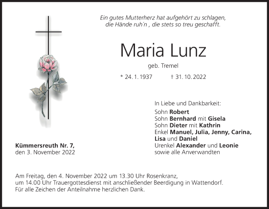 Maria Lunz Traueranzeige Trauer InFranken De