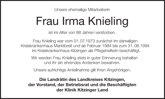 Irma Knieling Traueranzeige Trauer InFranken De