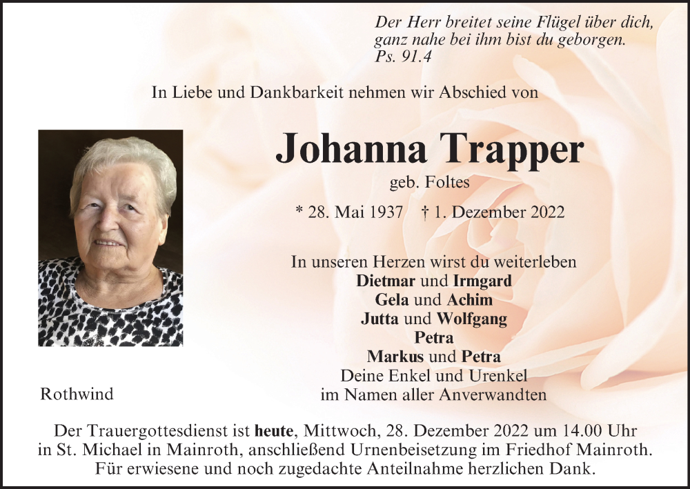 Johanna Trapper Traueranzeige Trauer Infranken De