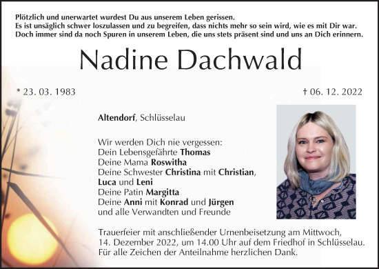 Nadine Dachwald Traueranzeige Trauer Infranken De