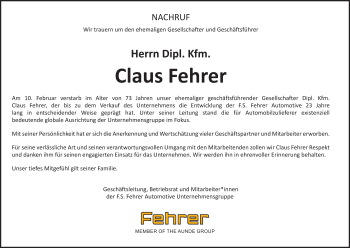 Anzeige von Claus Fehrer von MGO