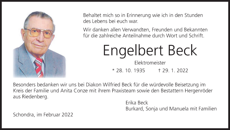 Engelbert Beck Traueranzeige Trauer Infranken De