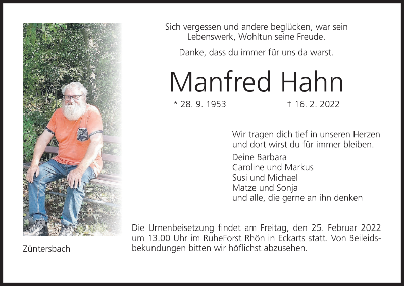 Manfred Hahn Traueranzeige Trauer Infranken De