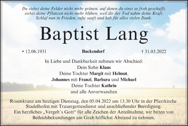 Baptist Lang Traueranzeige Trauer Infranken De